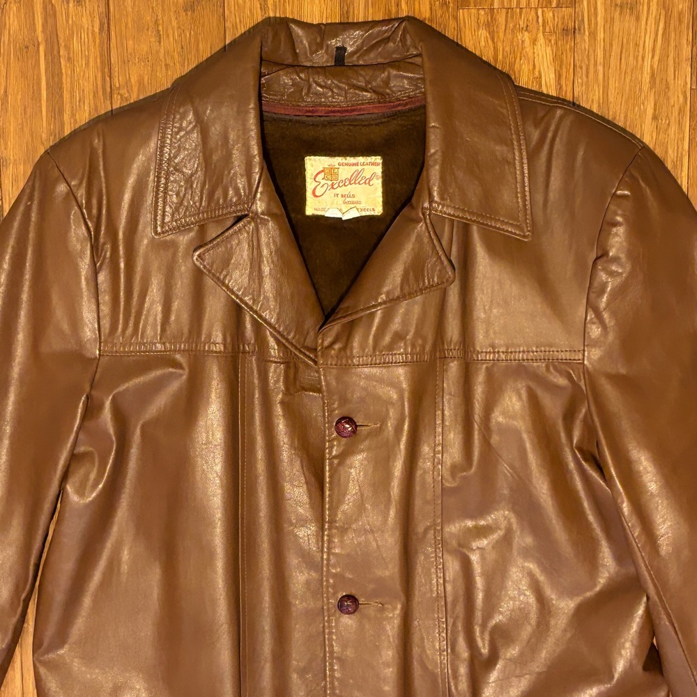 Vintage Men’s 42L 70’s Cognac Brown Leather Button-Down Coat w/ Removable Liner